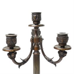 Pair of Neo Classical bronze four light candelabra with scroll branches and fluted columns with paw feet on triangular base H35cm