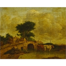 Van Oss (Continental 19th century): Cattle by a Bridge, oil on canvas unsigned, old attribution label verso 19cm x 24cm