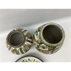 Three pieces of Denby stoneware, comprising Glyn Colledge vase,  H30cm, Glyn Colledge dish, D32cm, and further similar vase 