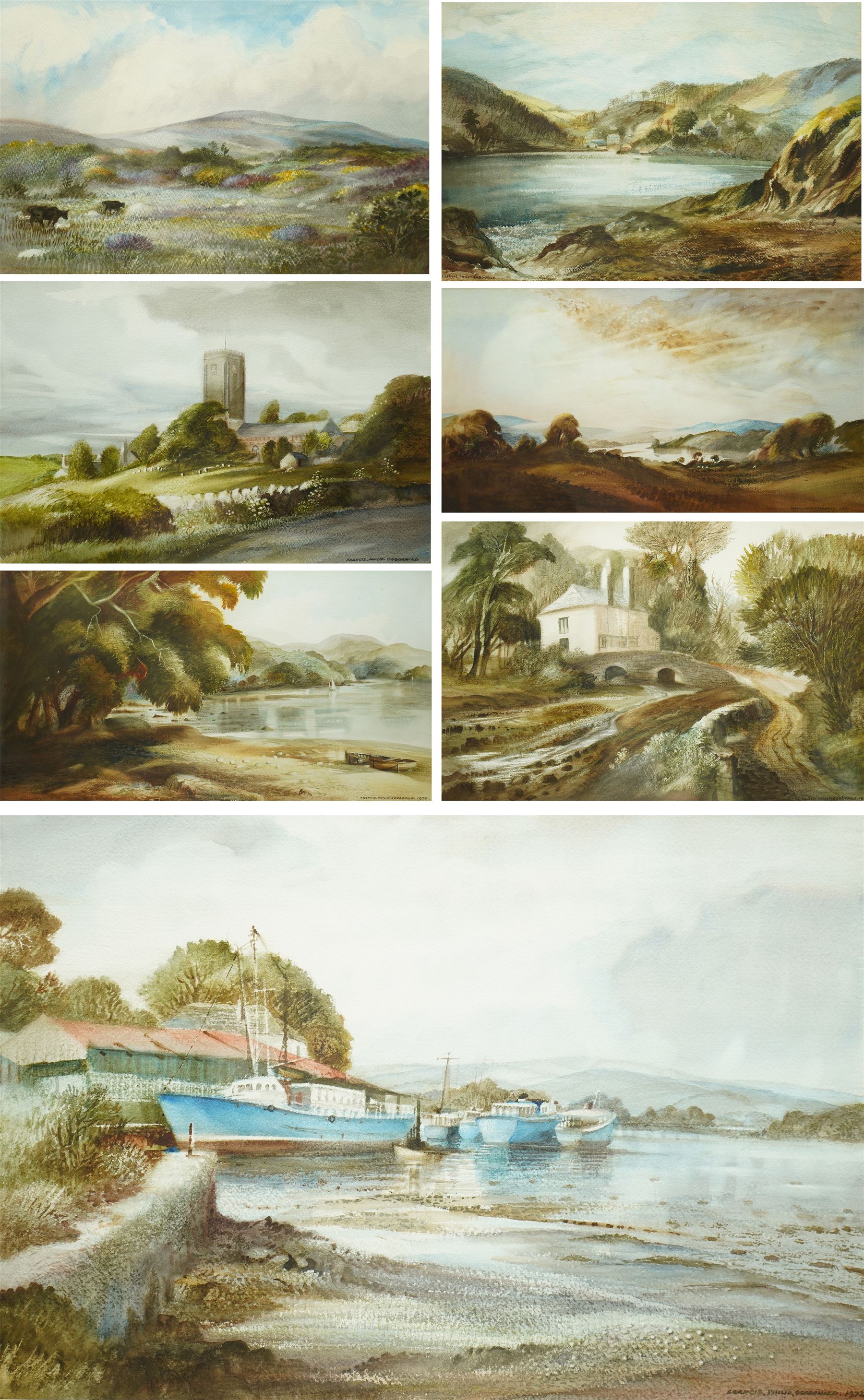 Francis Philip Goodchild ARCA (British 1900-1986): 'Mill Creek - Dartmouth' 'Galmpton Creek' 'Dartmoor - East of Widdicombe' 'Church at Berry Pomeroy' 'Wharflete Cove' 'Evening over the Dart' and 'Near Dittsham', set seven watercolours signed and dated, titled verso max 40cm x 75cm (7)