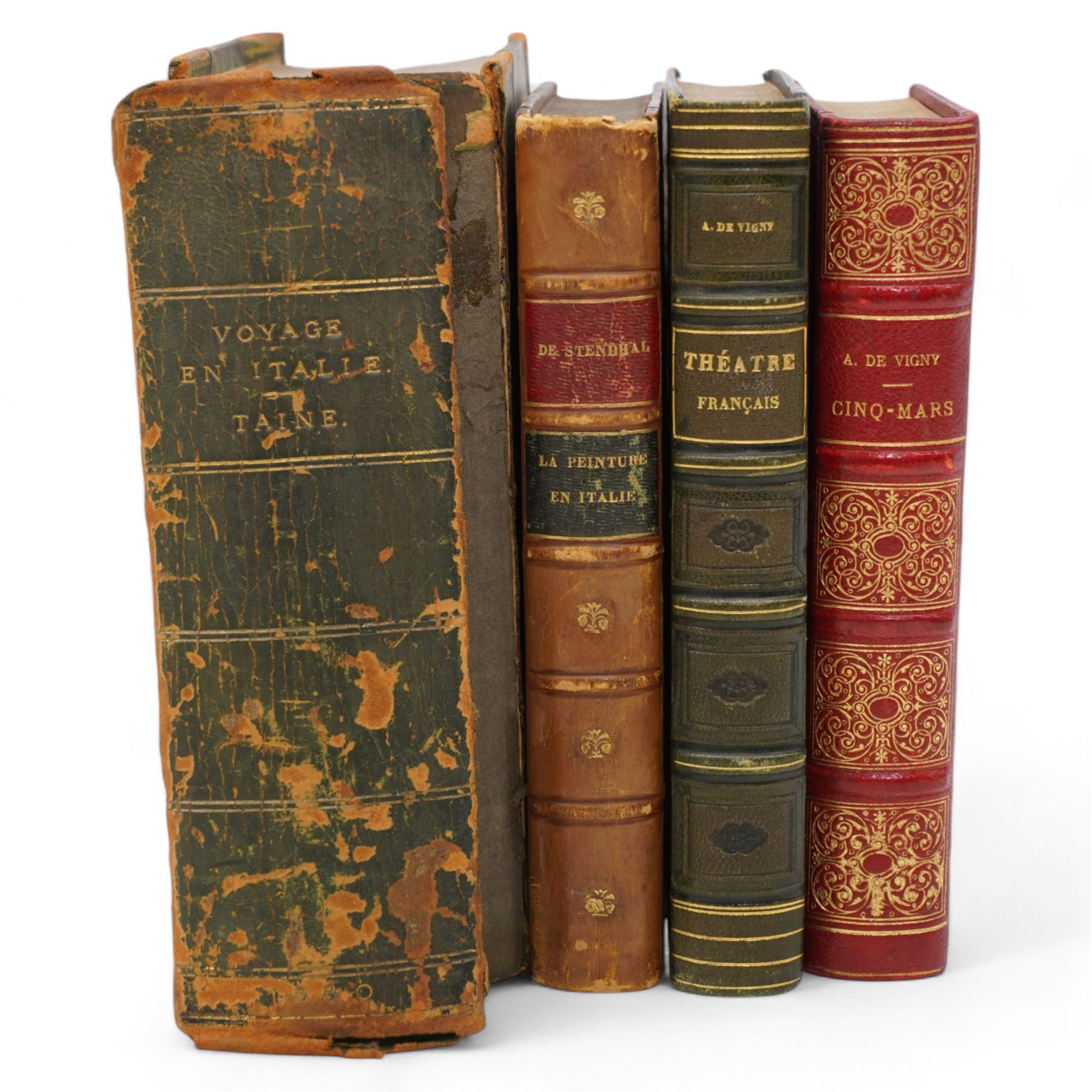 RELOTTED WITH 6317 De Vigny, Alfred - 'Theatre Complet' pub. 1848 half calf, 'Cinq-Mars' pub 1898, De Stendhal - 'La Peintre en Italie' 1864 and H Taine - 'Voyage en Italie' two volumes bound together 1880, all published in French (4)