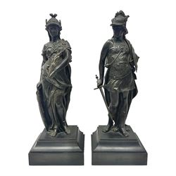 After Auguste Moreau; pair of 19th century bronzed figures representing Minerva and Mars, each standing in armour and holding shields, H42cm