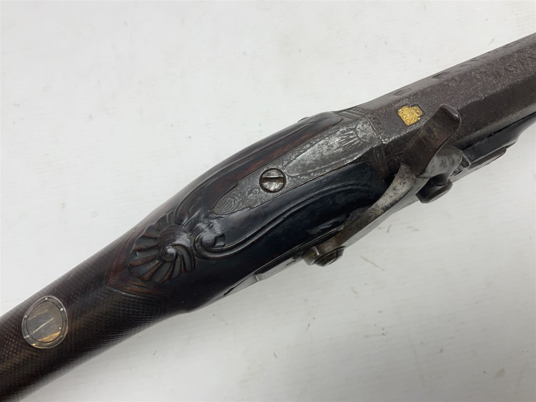 Early 19th century 20-bore flintlock converted to percussion fowling piece by Fisher, the 96.5cm(38