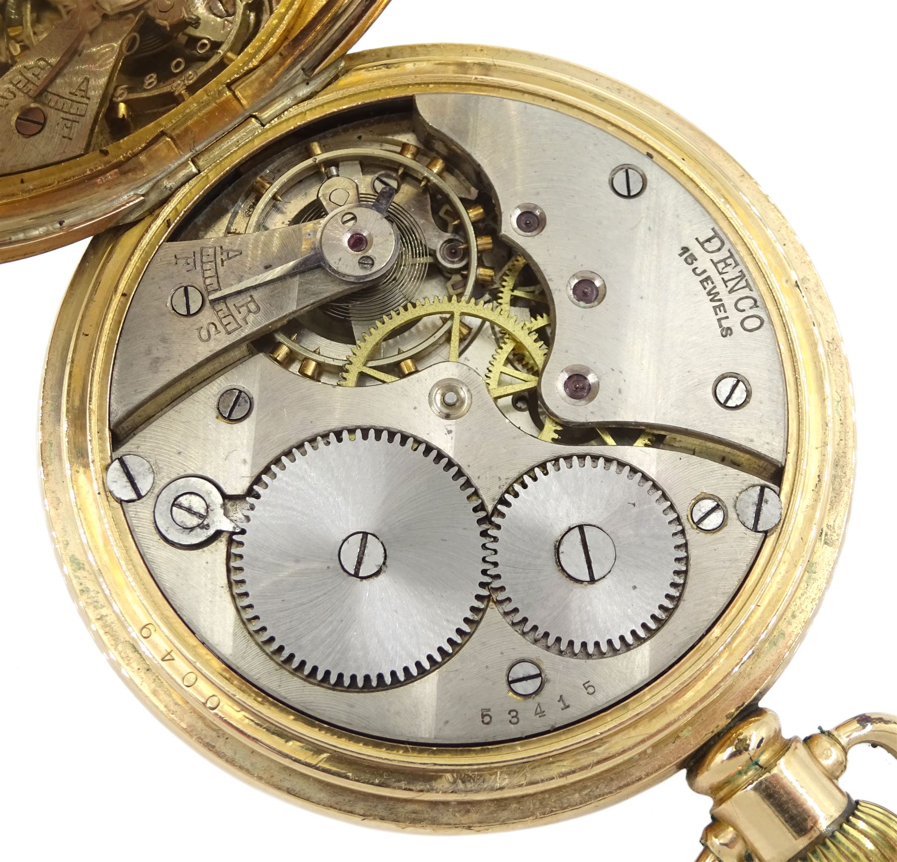 Early 20th century gold-plated full hunter, keyless lever presentation pocket watch by Denco and a 9ct gold manual wind wristwatch, Chester 1944, both with dials with Roman numerals and subsidiary seconds dials