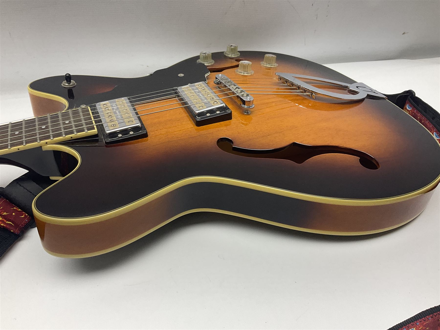 DeArmond Guild Star Fire Custom semi-acoustic guitar c2009 with tobacco sunburst finish and USA DeArmond gold foil pick-ups; serial no.KC9091266; L104cm; in Spider carrying case