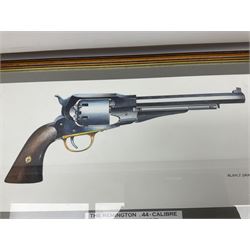 Unmarked Spencer & Rogers type Remington style .44 cal. six-shot percussion revolver, 20cm octagonal barrel with loading lever under, brass trigger guard and two-piece wooden grip L37cm overall; together with a framed watercolour by Alan J. Gray dated 2009 entitled 'The Remington .44 Calibre 1861 Navy Revolver'  19 x 42cm (2)