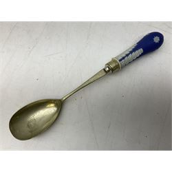 Wedgwood blue Jasperware salad bowl with silver plated collar and matching servers, bowl D22.5cm