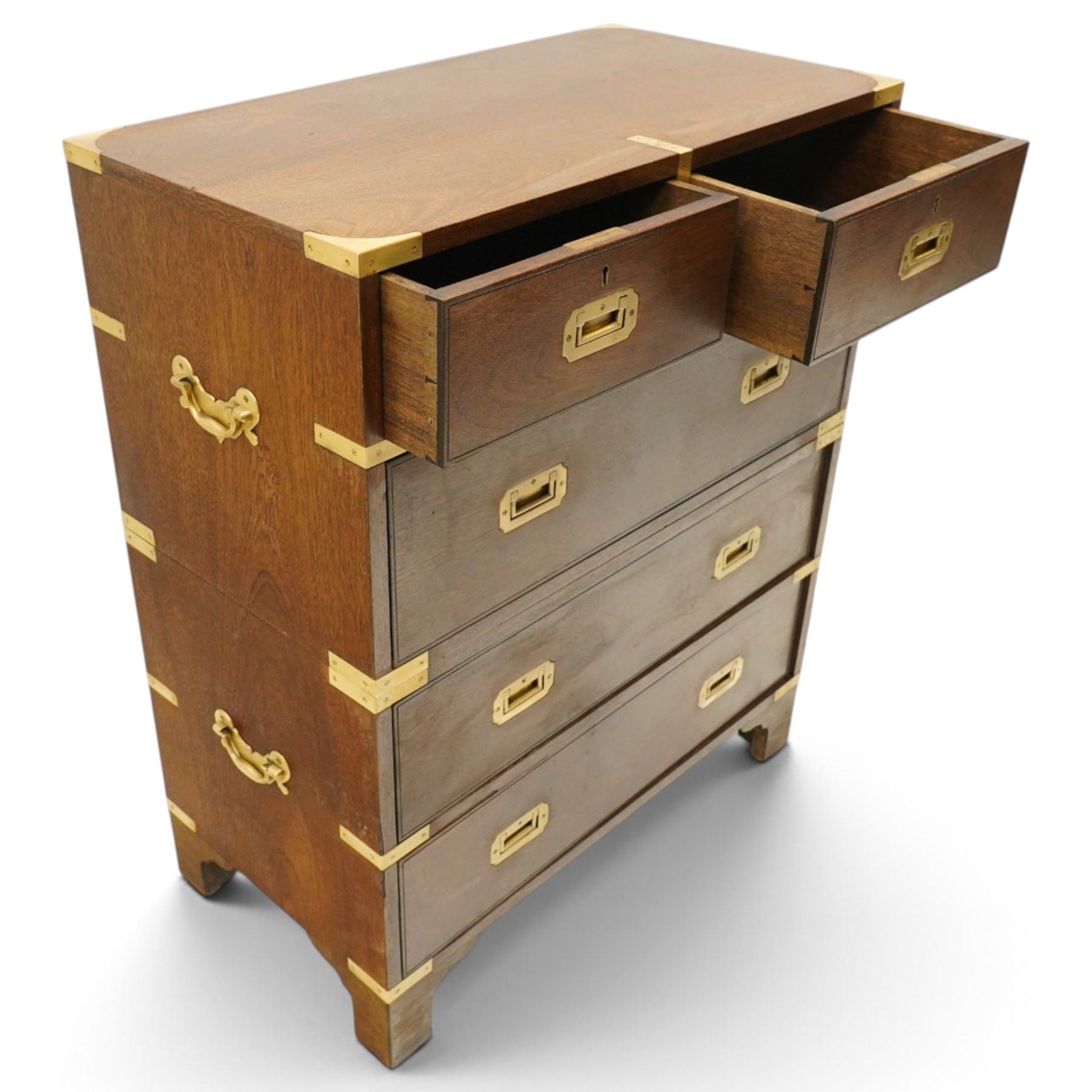 Georgian design mahogany military campaign style chest with central division, the rectangular top with inset brass corner caps, the top section fitted with two short over one long drawer with twin carrying handles to the sides and inset brass handles to the drawers, the base with two long drawers over bracket feet