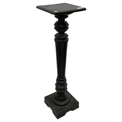 Late Victorian ebonised torchère or plant stand, square top on turned and fluted column, on square base 