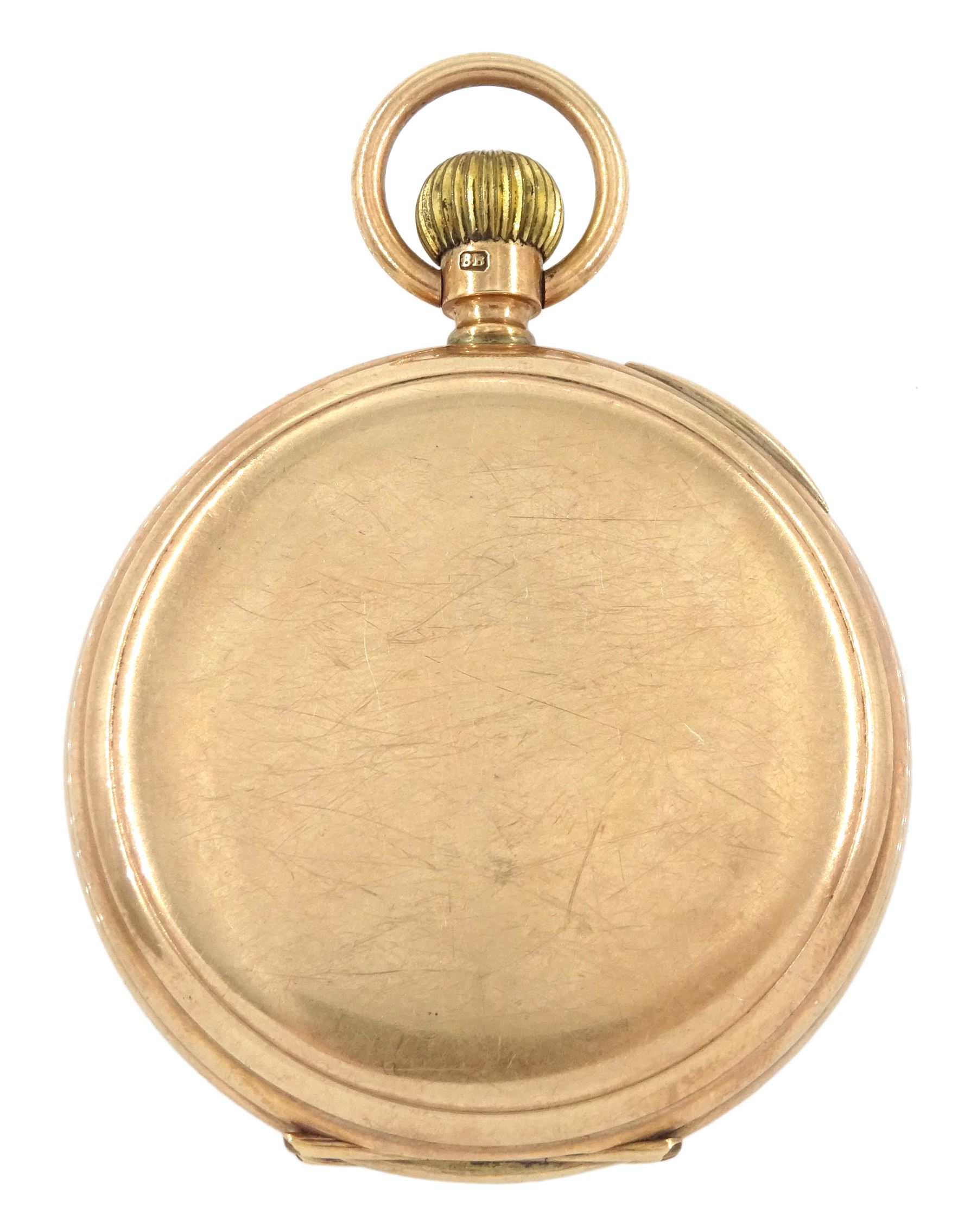 Early 20th century 9ct gold full hunter keyless lever pocket watch by American Watch Company, Waltham, No. 20107240, white enamel dial with Arabic numerals and subsidiary seconds dial, makers mark T R & S, Chester 1922