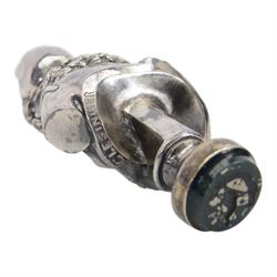 19th century French silver plated seal, modelled as a bust of Attis, Consort of Cybele after Jean Baptiste Clesinger, cast by the Marnyhac foundry, the bloodstone stamp with crest and Latin motto 'Festina Lente' (make haste slowly), H10cm, contained within original maker's fitted brown leather box with purple silk and velvet lined interior detailed 'MARNYHAC 1 RUE DE LA PAIX' 

Provenance: From the collection of Andrew Chichester Everitt.