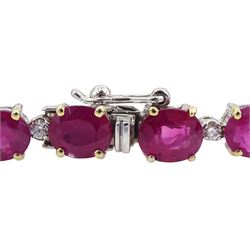 18ct white gold oval ruby and round brilliant cut diamond line bracelet, stamped 750, total ruby weight approx 13.20 carat
