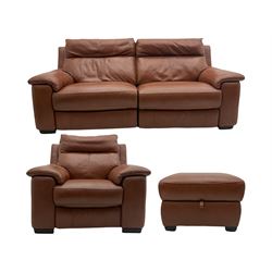 Three electric reclining sofa upholstered in tan leather, with matching reclining armchair and footstool