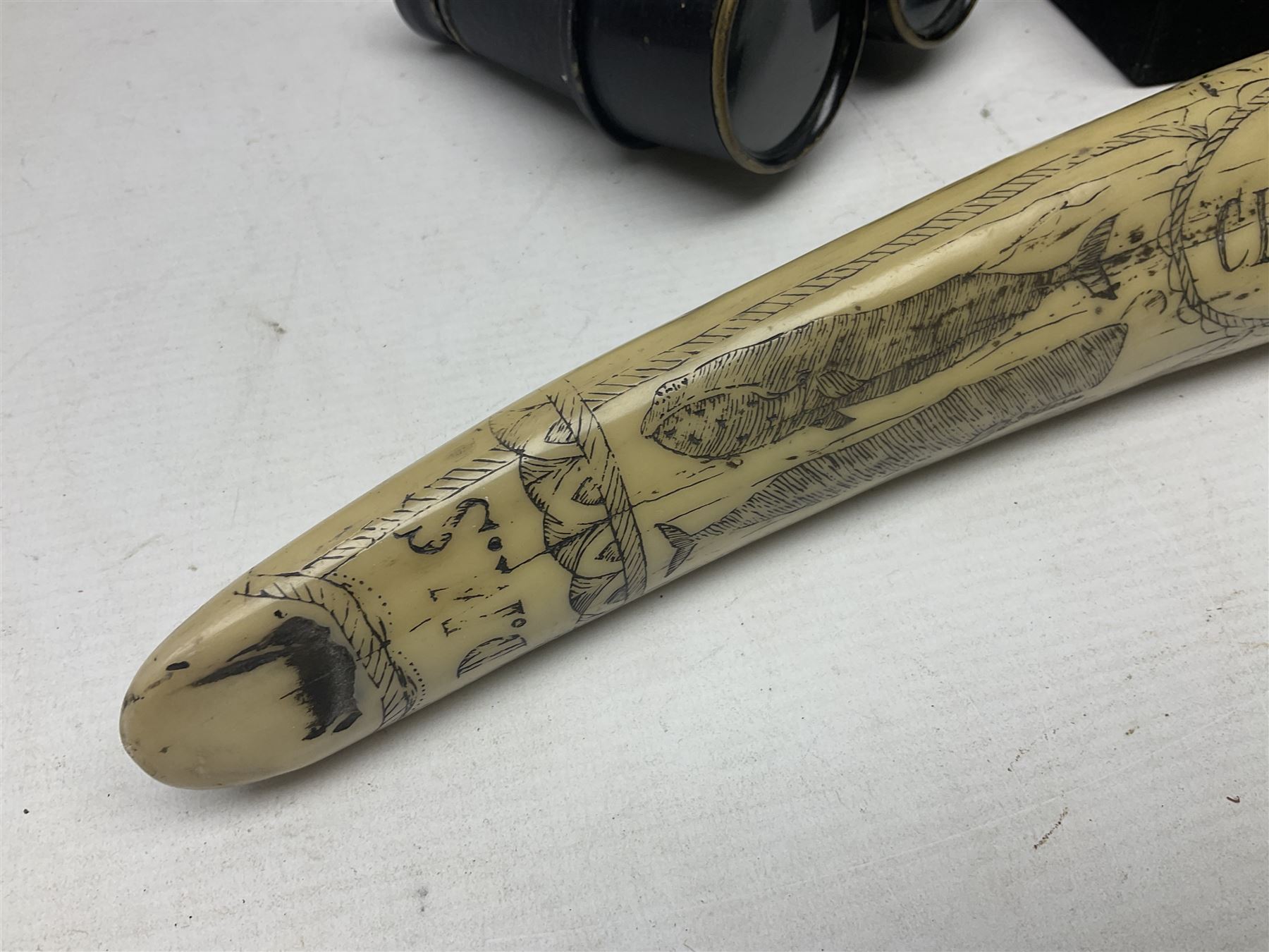 Horn handled magnifying glass and letter opener cased set, replica Scrimshaw in the form of a tusk titled The Ship Charles W Morgan New Bedford and pair of binoculars