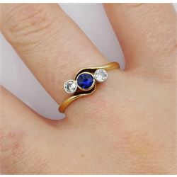 Art Deco 18ct gold three stone milgrain set diamond and synthetic sapphire ring