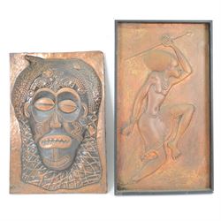 Two Copper embossed panels, the first depicting an African warrior, the second an African mask, H70cm, W50cm