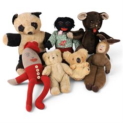 Seven vintage/handmade soft toys, comprising Humpty Dumpty, rabbit, panda, koala, golly and bears