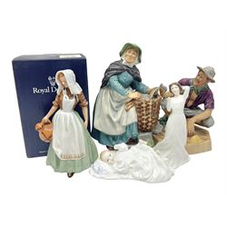 Five Royal Doulton figures, comprising The Milkmaid HN2057, New Baby HN 3713, With Love HN3393, Old Meg HN2494 and Beachcomber HN2487