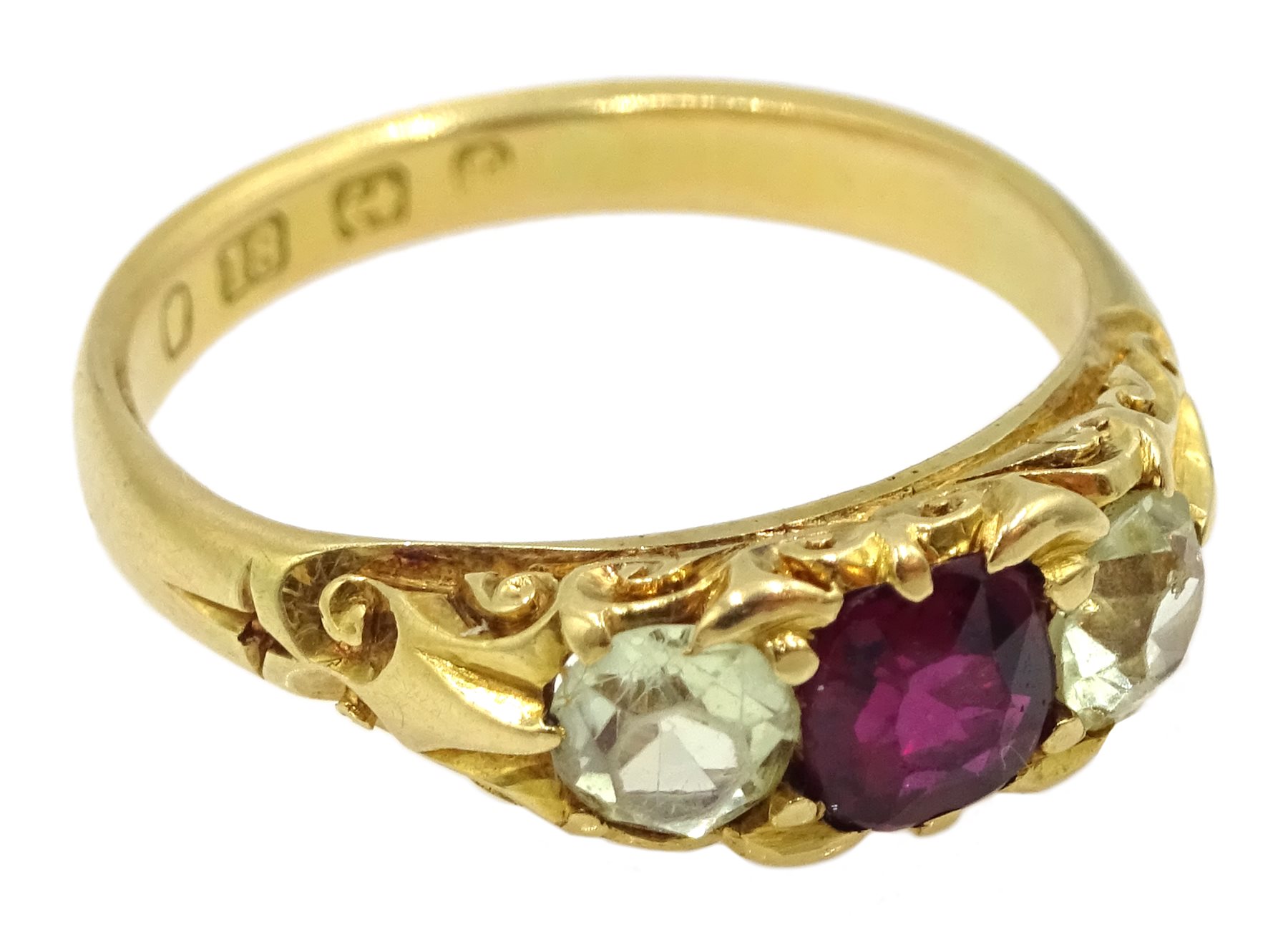 Victorian 18ct gold three stone cushion cut ruby and round chrysoberyl ring, hallmarked