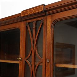 Early 20th century French mahogany dresser, raised display cabinets over bevelled mirror back, moulded rectangular top over two drawers and panelled cupboards, inlaid with figured panels, on square tapering supports with spade feet