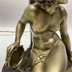 Art Deco style bronzed and gilded spelter figural table lamp with green Uranium glass shade; H48cm, another table lamp; and a bisque group