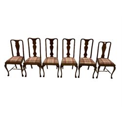 Mixed set of twelve early 20th century mahogany Queen Anne style dining chairs, all with shaped vase backs and cabriole front supports, matching drop-in seats upholstered in tartan patterned fabric