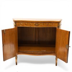 Sheraton Revival satinwood serpentine-front cabinet, the shaped cross-banded top with ebony stringing and painted scrolls of acanthi and ribbon work with a bell-flower border, the banded frieze painted with repeating acanthus scrolls, the matched veneer doors painted with oval panels of floral bouquets, raised on turned and tapering supports
