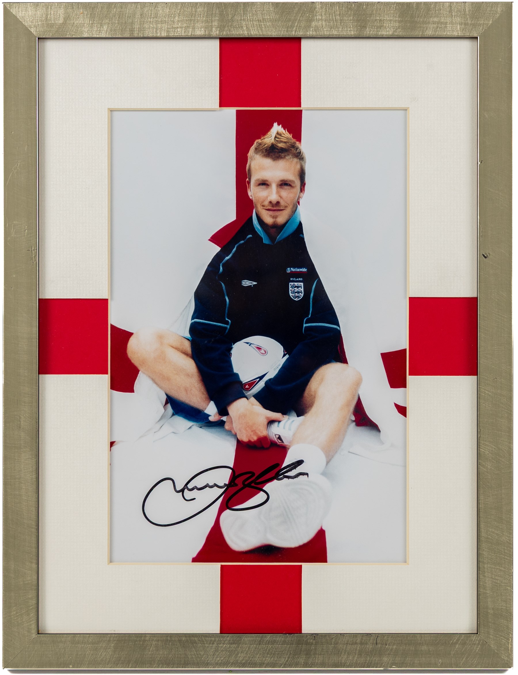 Signed photograph of David Beckham with certificate of authenticity from Auction World TV, framed, H43cm