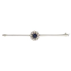 Early-mid 20th century white gold round sapphire and diamond cluster bar brooch, stamped 9ct