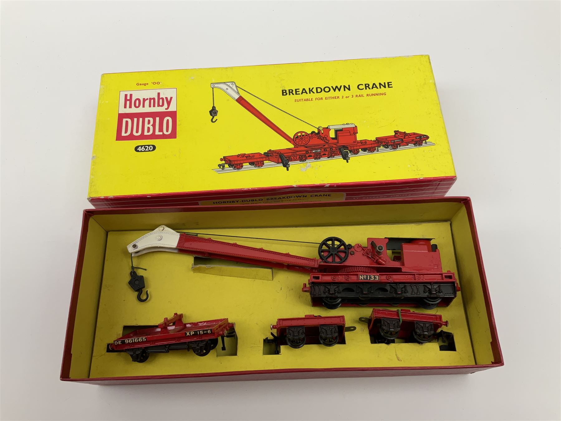 Hornby Dublo - Breakdown Crane No.4062 boxed with screw jacks; D1 Girder Bridge, boxed; and T.P.O. Mail Van Set, boxed with instructions, mail bags, switch and tested tag (3)