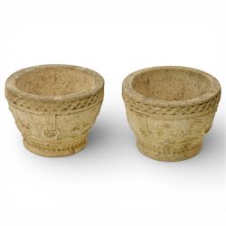 Cotswold Studios - set of two cast stone garden round planters with stylised floral and ro...