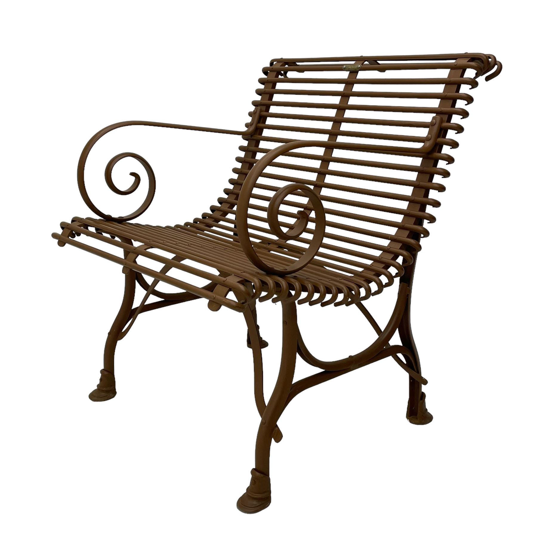 Painted wrought metal 'Arras' chair, curved frame with horizontal rails and scrolled arms, on hoof feet, in russet brown paint finish, with brass plaque 'Usine, S. Sauveur, Arras' 