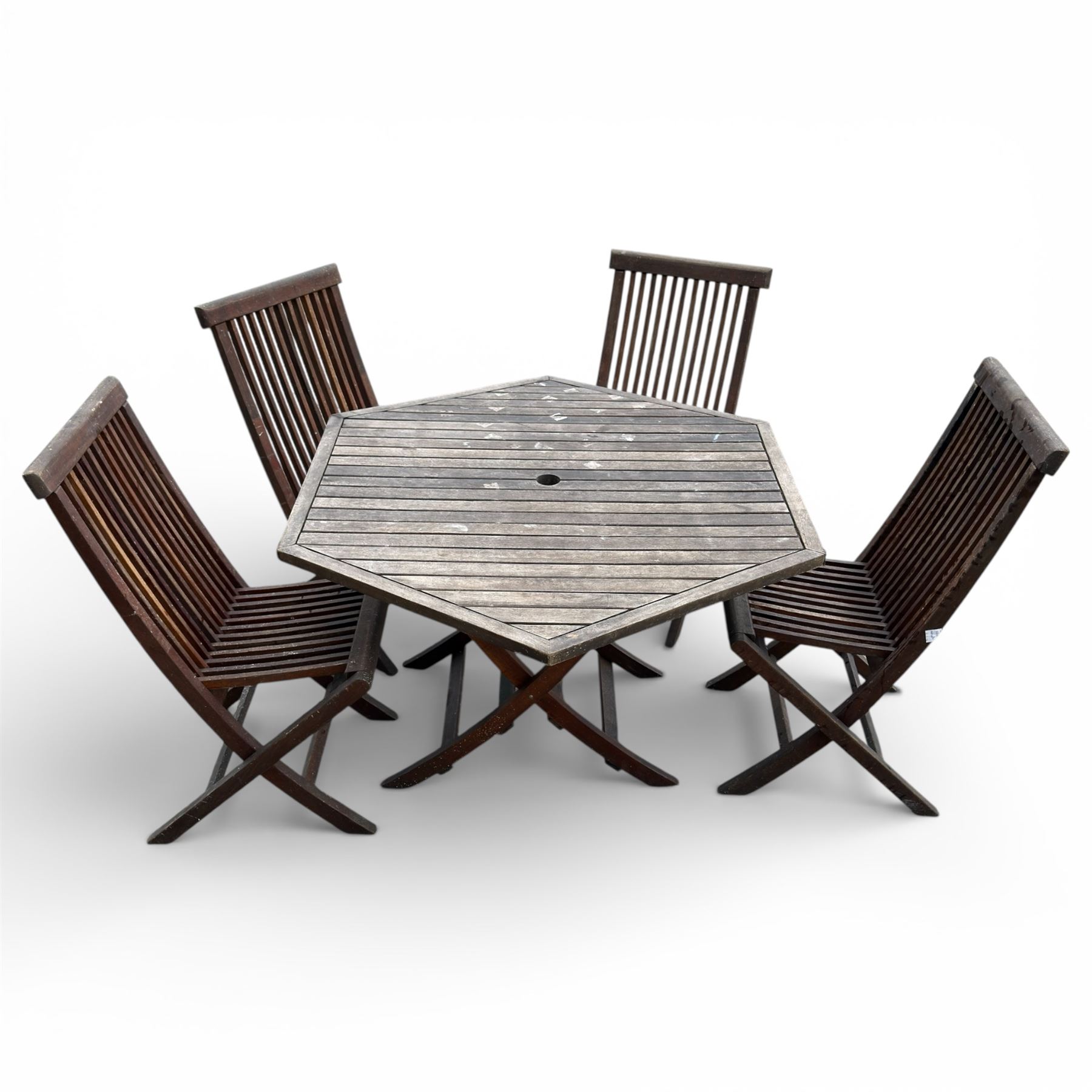 Hexagonal garden table and set of four folding chairs