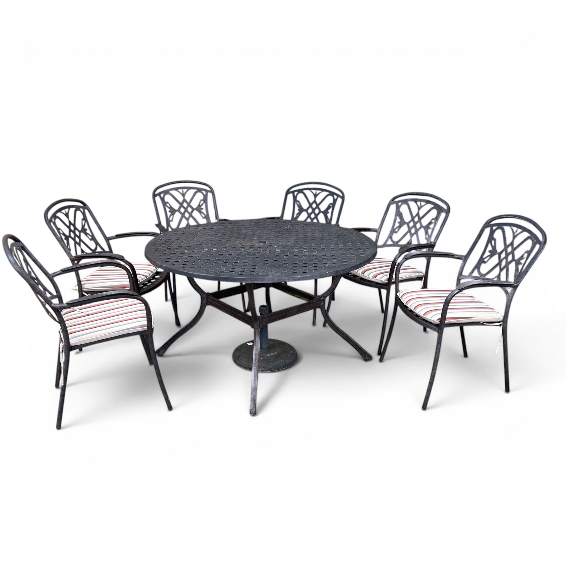 LeisureGrow - cast aluminium circular garden table, lattice design top, black finish; and six matching chairs with openwork back, complete with seat cushions and adjustable parasol