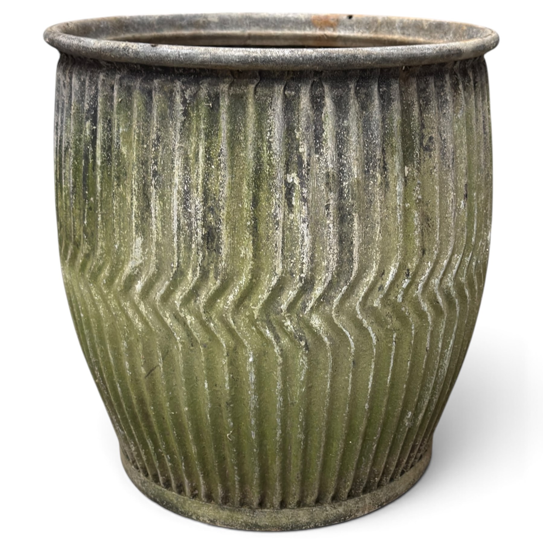 Two20th century galvanised metal dolly tubs, with rolled rims above corrugated bodies centred by chevron bands and circular bases, max W48cm H52cm)