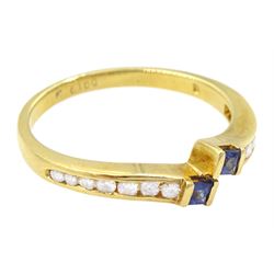 18ct gold princess cut sapphire and channel set, round brilliant cut diamond crossover ring, stamped