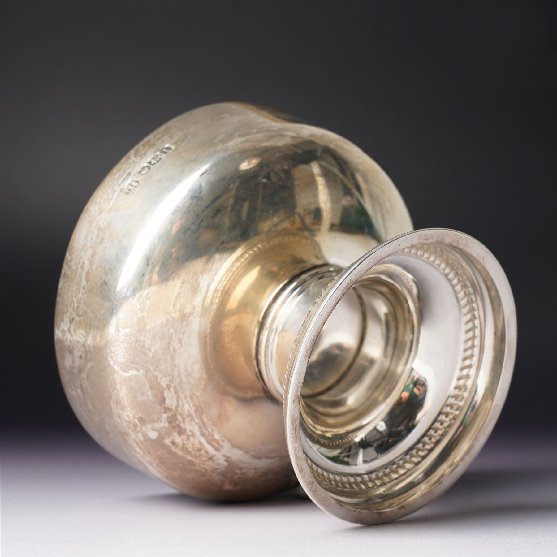 Silver circular bowl on pedestal stem and gadrooned  foot D11.5cm Sheffield 1926 Maker Thomas Bradbury & Sons Ltd