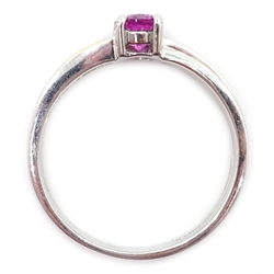  White gold oval pink sapphire ring, with baguette diamond cross over shoulders, hallmarked, sapphire approx 0.6 carat   