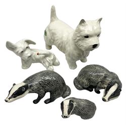 Beswick Badger Family group, comprising male no. 3393, female no. 3394 and cub no. 3392, together with two other beswick figures, Dog with Ladybird on tail no. 907 and West Highland Terrier no. 2038