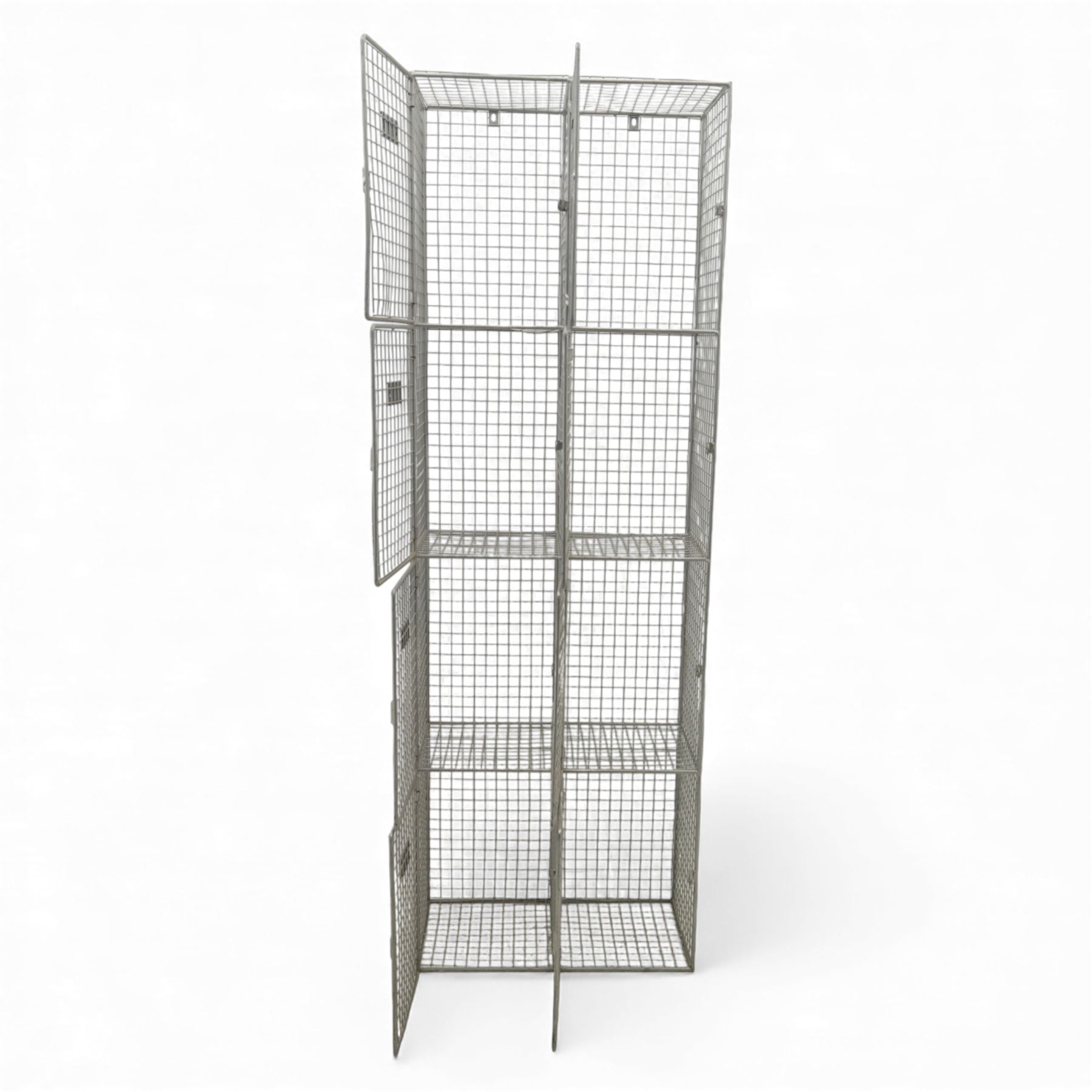 Mid-20th century industrial wire mesh locker, comprising eight compartments with hinged doors and metal label plates, galvanised finish 