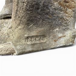 Lucas Stone - pair of cast stone garden figures, modelled as young female figures holding wheat sheafs and baskets of flowers, each on square bases, weathered finish, makers mark stamped to base