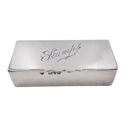 Late Victorian silver stamp box, of plain rectangular form, the hinged cover engraved 'Stamps', opening to reveal a gilt interior, hallmarked Mappin Brothers, Chester 1900, L7.5cm, approximate weight 1.89 ozt (58.8 grams)