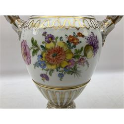 20th century Dresden campagna form vase decorated with flowers, leaves and scrolls and serpent handles, printed mark beneath, H36cm