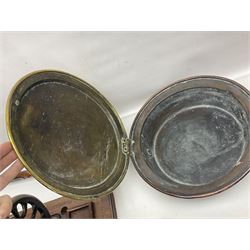 Cased sewing machine, together with bed warmer and copper hunting horn