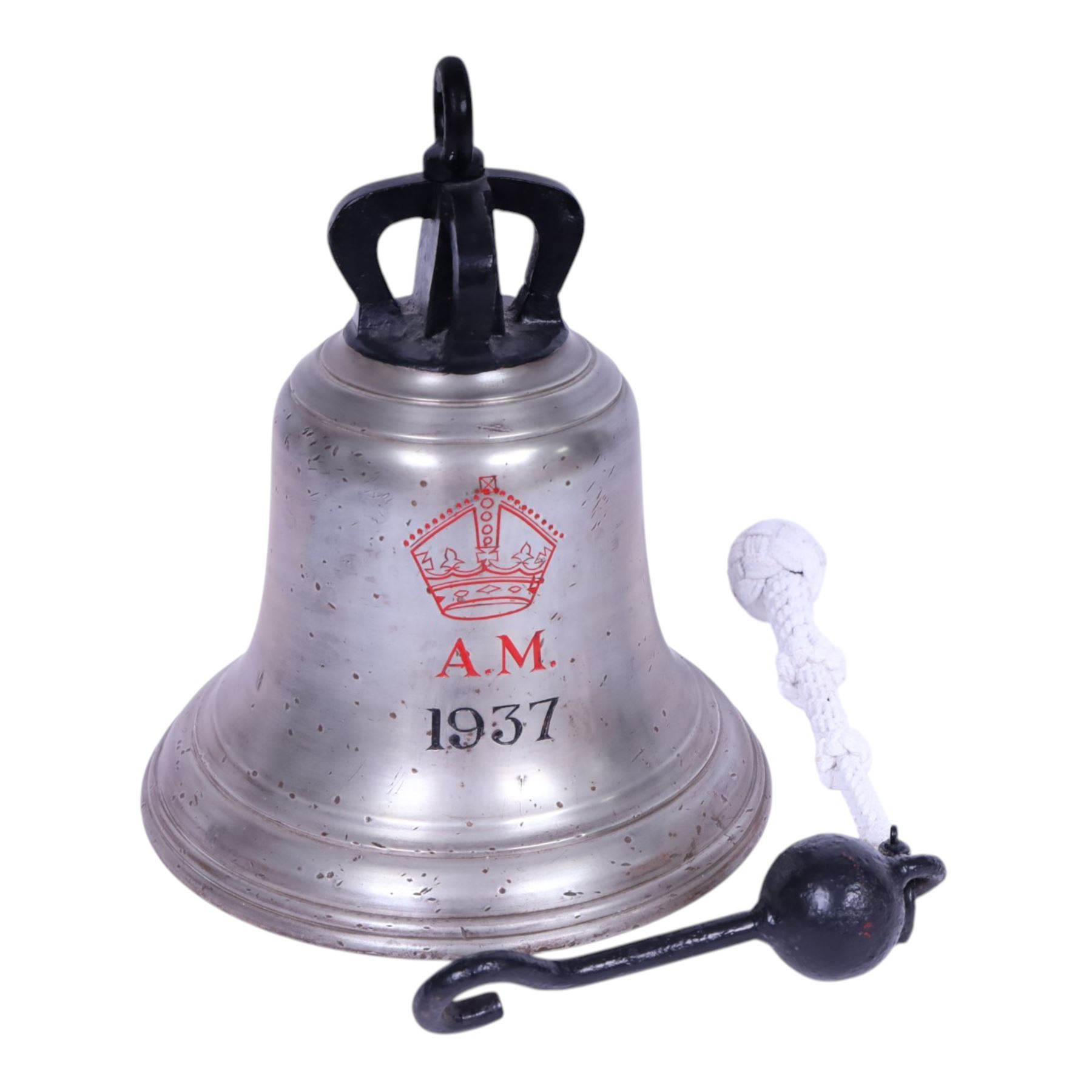 WWII RAF scramble bell, dated 1937, engraved with the large crowned Air Ministry motif infilled in red, with clanger and rope, H35cm