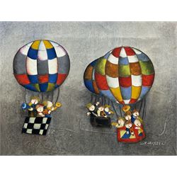 Joyce Roybal (Italian 1955-): Hot Air Balloons, oil on canvas signed 31cm x 41cm (unframed)