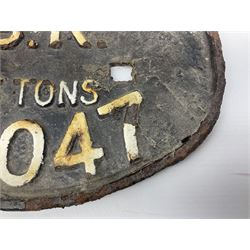 Three cast iron railway wagon plates of D shaped form to include Southern Railway, LMS and GWR, L27.5cm