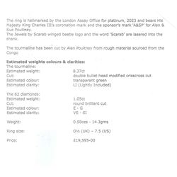 Platinum African Paraiba tourmaline and diamond ring by Scarab London, single fancy double bullet cut tourmaline of approx 8.37 carat, with round brilliant cut diamond surround and diamond set shoulders, London 2023, total diamond weight approx 1.05 carat, with Alan Poultney Gems report