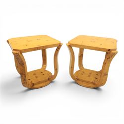 Art Deco style pair of burr walnut lamp tables, octagonal top with rounded corners and boo...