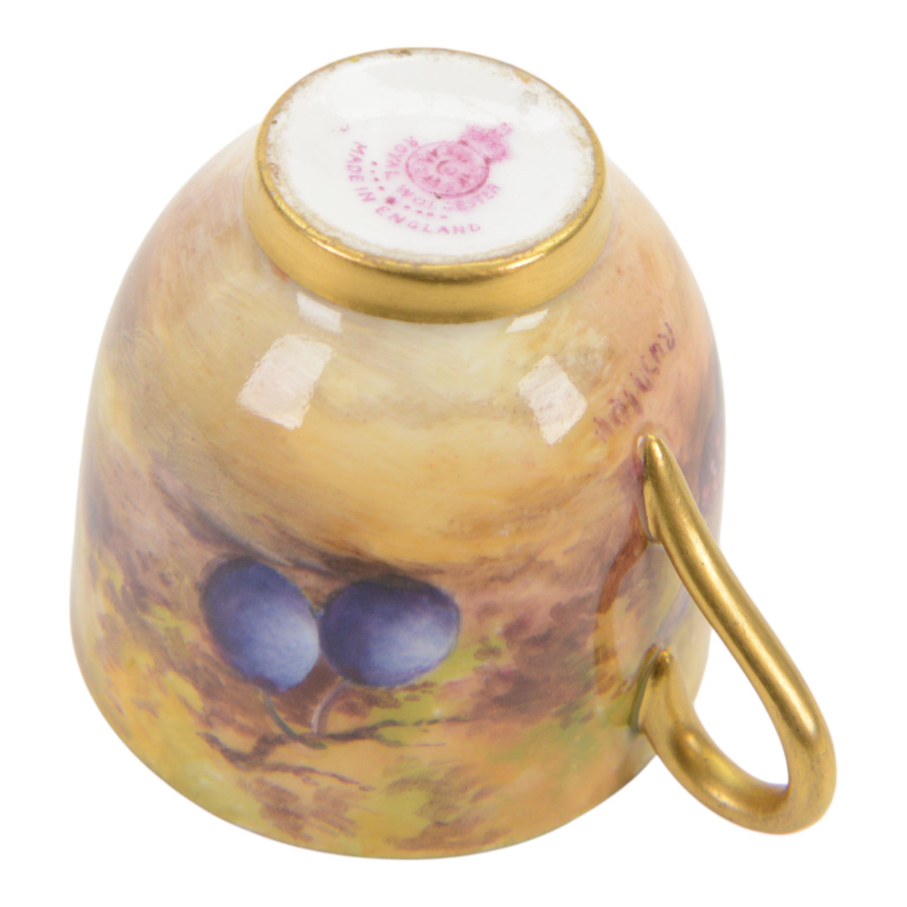 Two Royal Worcester fruit painted miniature cabinet cups and saucers, the first example interior hand painted with apples and blackberries upon a mossy ground, the cup exterior and centre of saucer gilded, cup signed W. Hale and saucer signed G. Mosley, each with puce coloured printed marks beneath, the second example, exterior hand painted with pears and blackberries upon a mossy ground, the cup interior and centre of saucer gilded, cup signed Rushton and saucer signed W. H. Austin, each with puce coloured printed marks beneath, largest H6cm